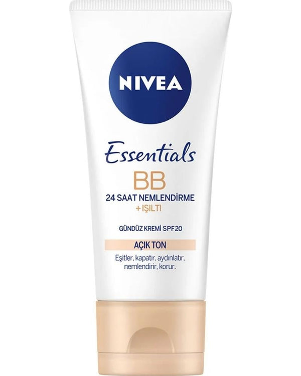 NIVEA Essentials BB Krem,24 Saat Nemlendirme + Işıltı Açık Ton Gündüz Yüz Bakım Kremi 50 ml