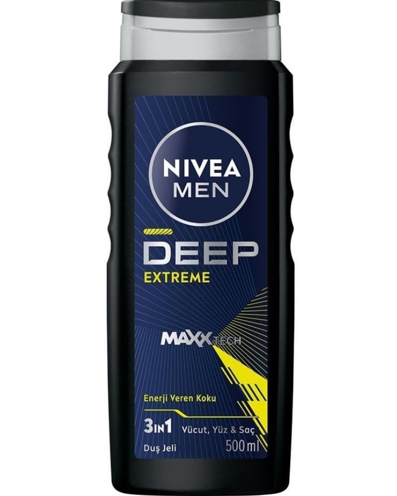 NIVEA Men Erkek Deep Extreme Duş Jeli 500ml, 3'ü 1 Arada Komple Bakım, Vücut Saç Ve Yüz, Enerji Veren Koku