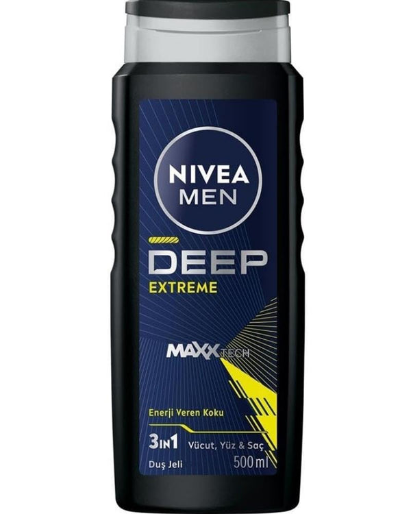 NIVEA Men Erkek Deep Extreme Duş Jeli 500ml, 3'ü 1 Arada Komple Bakım, Vücut Saç Ve Yüz, Enerji Veren Koku