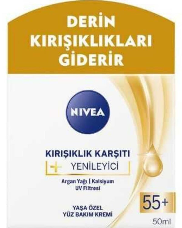 NIVEA Kırışıklık Karşıtı Yaşa Özel Yüz Bakım Kremi 50ml, Canlandırıcı, Argan Yağı, Kalsiyum, Uv Filtresi