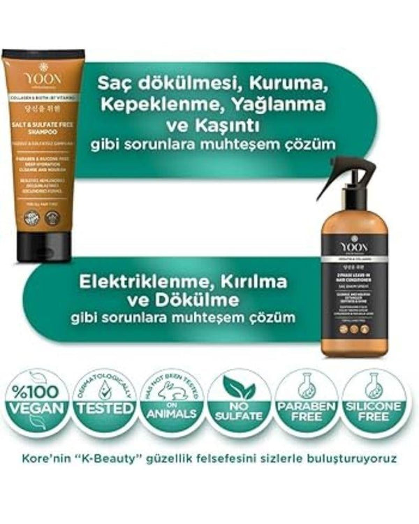 YOON Vegan Saç Bakım Spreyi & Maskesi 250ml, Hyaluronik Asit, Keratin, Kolajen ve B7 Biotinli