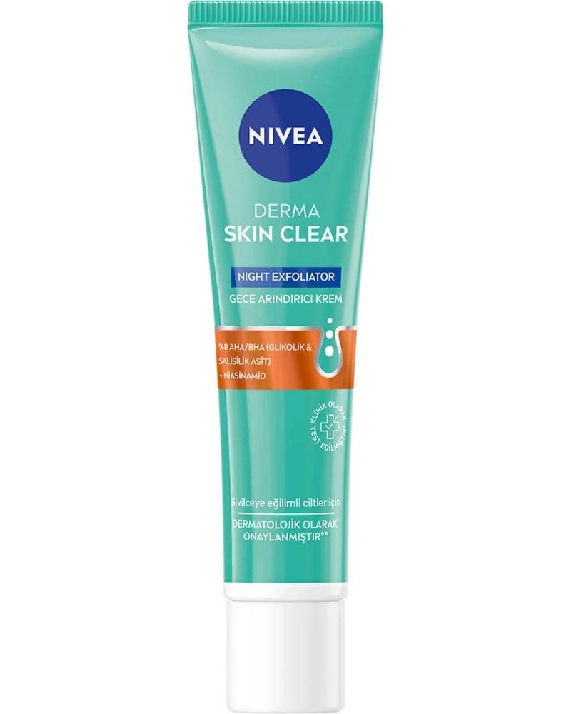 NIVEA Derma Skin Clear Exfoliator Gece Arındırıcı Krem 40ml, Sivilce Karşıtı, Niasinamid, Yağlı Ciltler