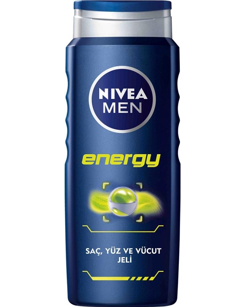 NIVEA MEN Erkek Duş Jeli Energy 500ml, Komple Bakım, Vücut Saç Yüz, Nane Özleri, Ferah Cilt Hissi