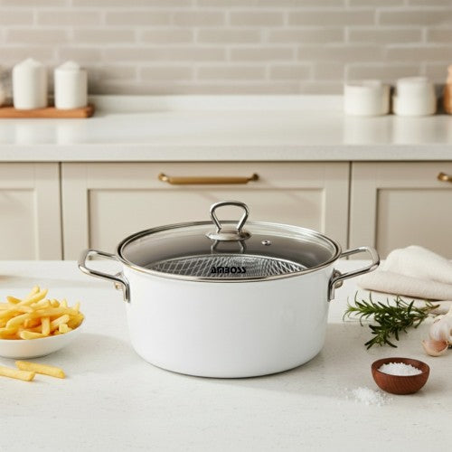 Amboss Crispella 22 Cm Cam Kapaklı Emaye Kızartma Tenceresi- Beyaz