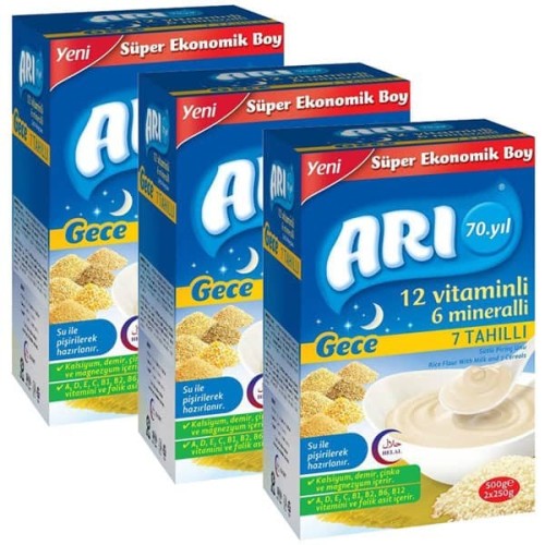 Arı Mama Sütlü 7 Tahıllı (Gece) Sütlü Pirinç Unu 500 gr x 3