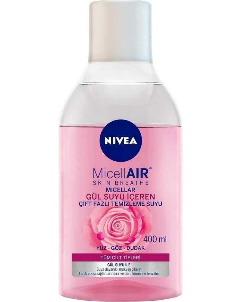 NIVEA Aqua Rose Micellar Gül Suyu Çift Fazlı Makyaj Temizleme Suyu 400ml, Yüz Göz Ve Dudak, Nemlendirici