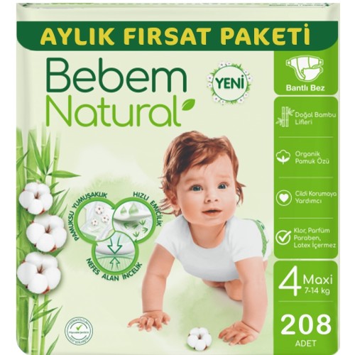 Bebem Natural Bebek Bezi Ultra Fırsat Paketi Maxi 4 No 104 x 2 Adet