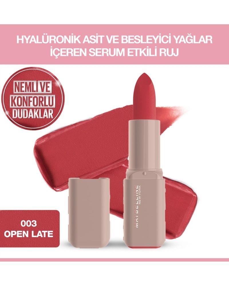 Maybelline New York Serum Etkili Hyalüronik Asit ve Besleyici Yağ İçeren Ruj 003 Open Late