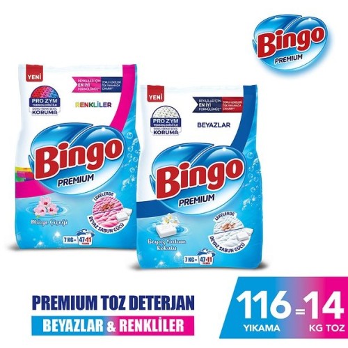 Bingo Premium Toz Çamaşır Deterjanı Renli 7 g+ Premium Beyaz 7