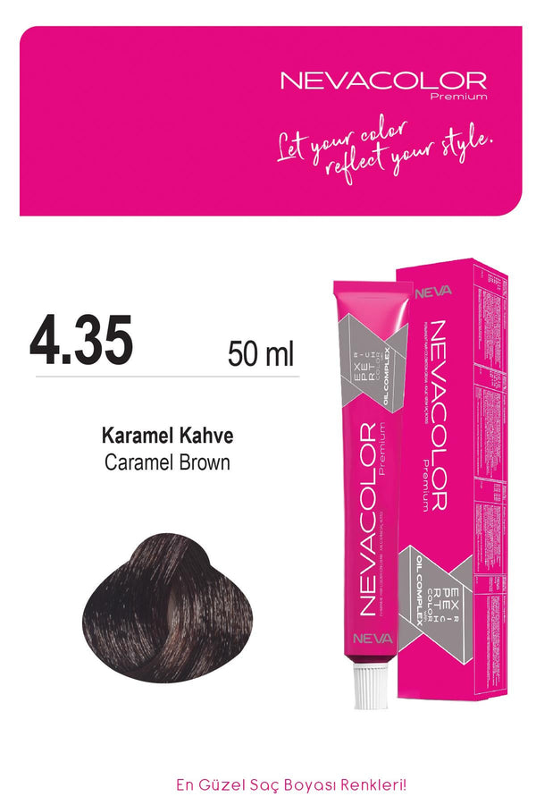 Nevacolor Premium 4.35 Karamel Kahve - Kalıcı Krem Saç Boyası 50 g Tüp