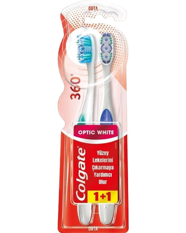 Colgate 360 Optik Beyaz Dil ve Yanak Temizleyicili Orta Beyazlatıcı Diş Fırçası 1+1