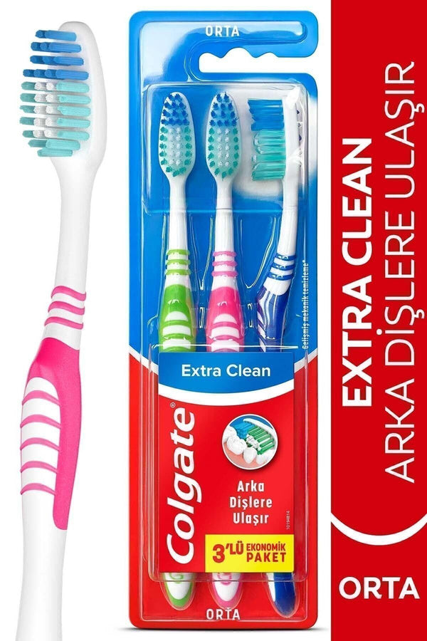Colgate Extra Clean Dil Temizleyicili Arka Dişlere Uzanan Orta Diş Fırçası 2+1