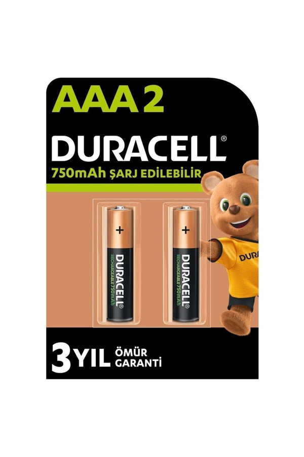 Duracell Şarj Edilebilir AAA İnce Kalem Pil (2'li Paket), 750 mAh NiMH, 1000 şarj döngüsü,