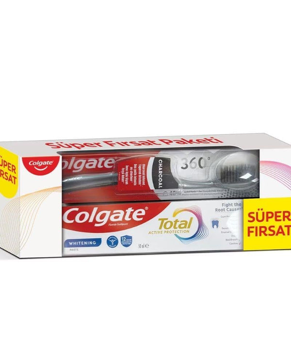 Colgate Total Aktif Koruma Beyazlık Diş Macunu 50 ml + 360 Charcoal Diş Fırçası