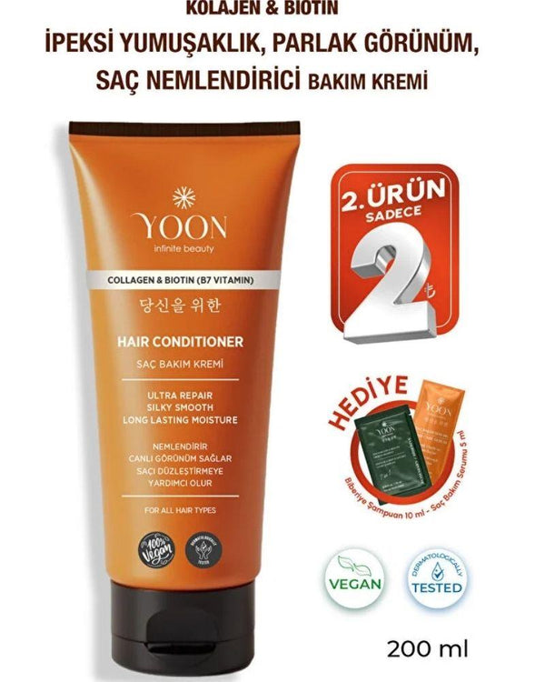 YOON Biotin B7 ve Kolajen İçeren Vegan Saç Kremi, Nemlendiren, Besleyici ve Onarıcı Saç Bakım Kremi 200ml