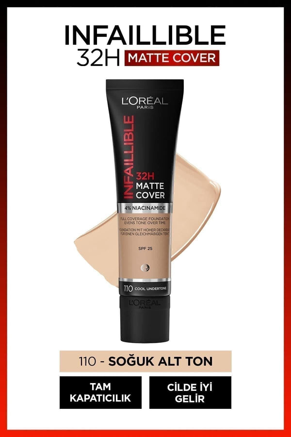 L'Oreal Paris Infaillible 32h Matte Cover Yüksek Kapatıcı Fondöten - 110 Soğuk Alt Ton
