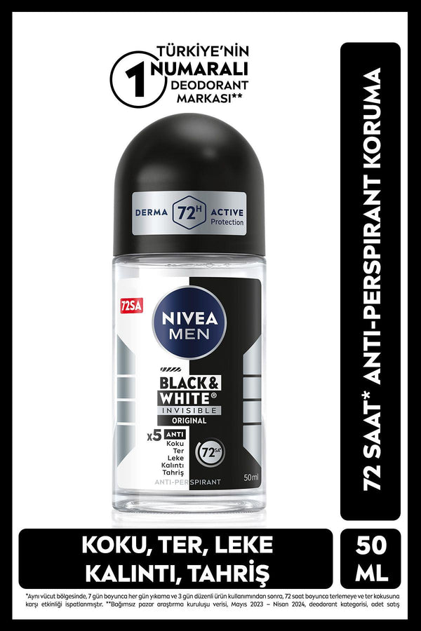NIVEA Men Erkek Roll On Deodorant Black&white Invisible Original 50ml, 72 Saat Anti-perspirant Koruma