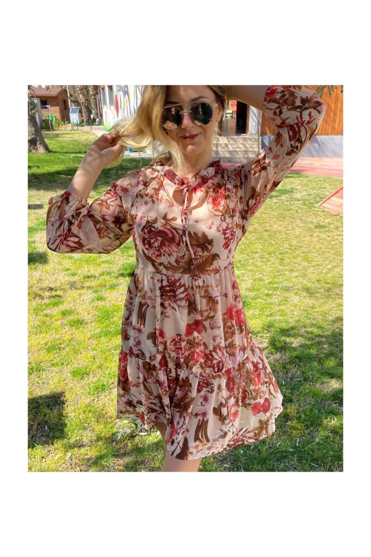 Simoki moda Kadın Çiçekli Eteği Fırfırlı Elbise