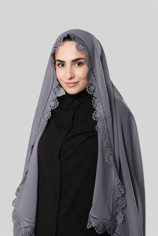 Hürrem Bone Gri Namaz Başörtüsü Şal Şifon Güpürlü 202106_15
