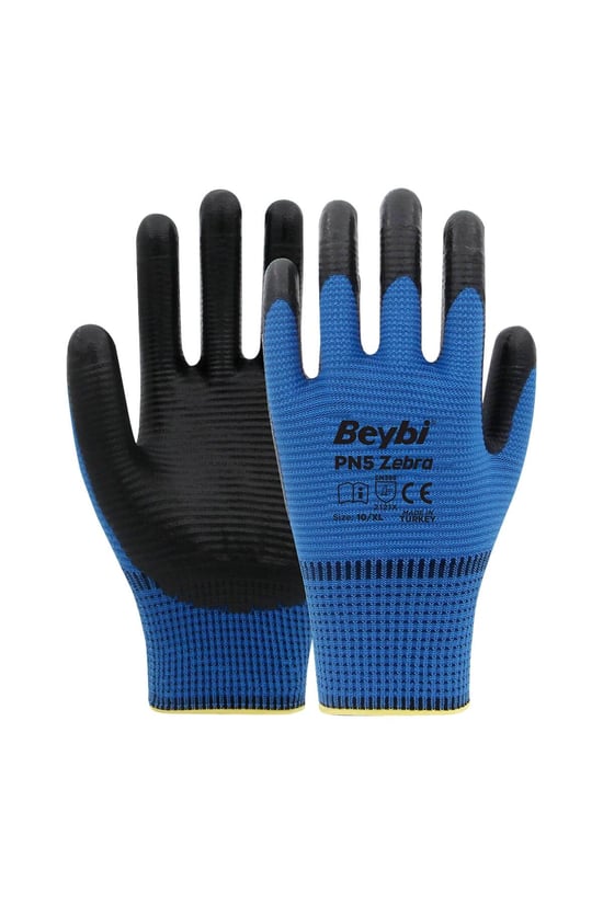 Beybi Pn5 Zebra Mavi Polyester Örme Nitril İş Eldiveni 9 Beden