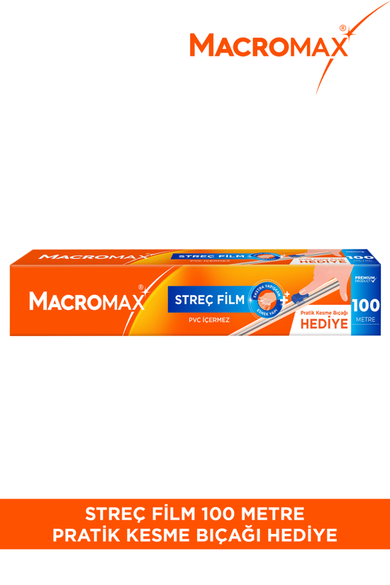 Macromax Streç Film 100 Metre Pratik Kesme Bıçağı Hediyeli Büyük Ekonomik Boy Pvc İçermez
