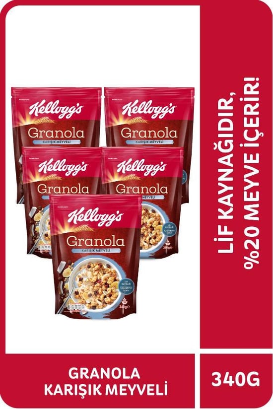 Kellogg's Granola Karışık Meyveli 340 Gr X 5 Adet, %45 Yulaf İçerir, Lif Kaynağı, %20 Kurutulmuş Meyve