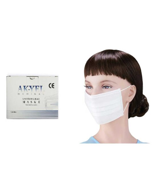 Akyel Tek Kullanımlık Telli Maske 3 Katlı Beyaz 100'lü Paket
