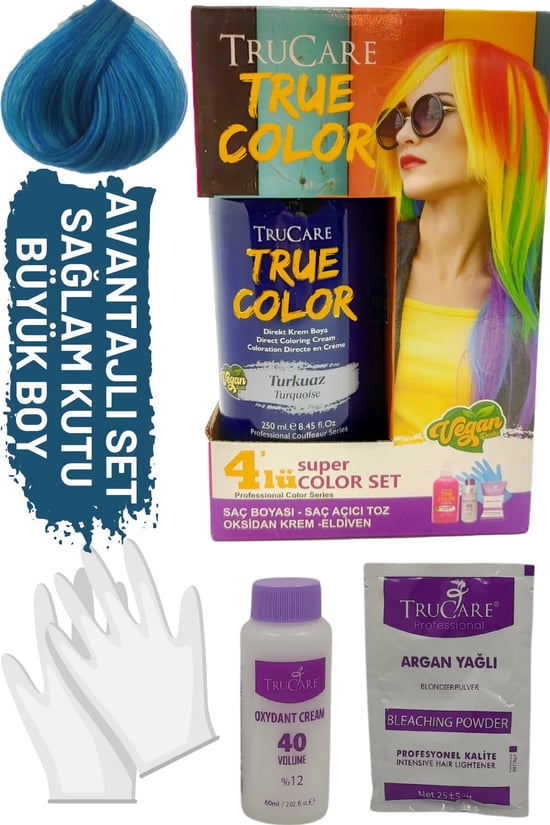 Trucare Truecolor Turkuaz Saç Boyası Seti Saç Açıcı ve Eldivenli