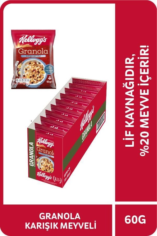 Kellogg's Karışık Meyveli Granola 60 Gr X10 Adet,%45 Yulaf İçerir,lif Kaynağı,%20 Kurutulmuş Meyve