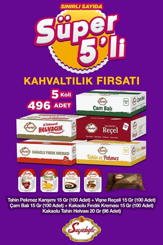 Seyidoğlu Kahvaltı Seti – Çam Balı, Kakaolu Fındık Kreması, Vişne Reçeli, Tahin Helva ve Tahin Pekme