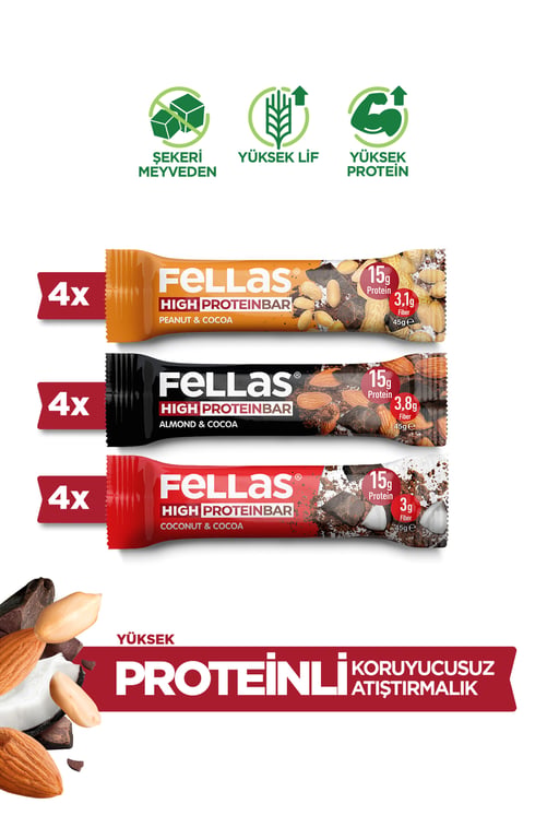 Fellas Yüksek Protein Bar 45g Karma Kutu 12 Adet (3 Çeşit)