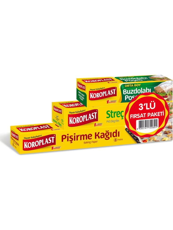 Koroplast Fırsat Paket (pişirme Kağıdı 8m + Streç Film 15m + Buzdolabı Poşeti Orta Boy 20'li)