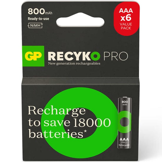 Gp Batteries Recyko Pro 800mah Aaa İnce Ni-mh Şarjlı Pil, 1.2 Volt, 6'lı Kart