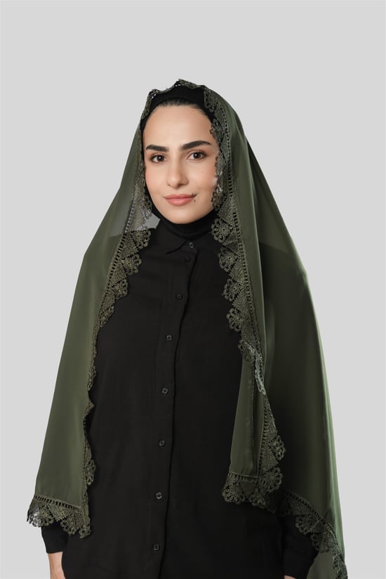 Hürrem Bone Haki Namaz Başörtüsü Şal Şifon Güpürlü 202106_09
