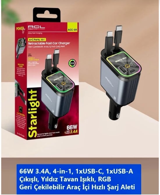 ACL ACC-01 RGB Yıldız Işıklı 4in1 Araç Şarj Aleti | 66W Süper Hızlı Şarj | Type-C + Lightning + USB