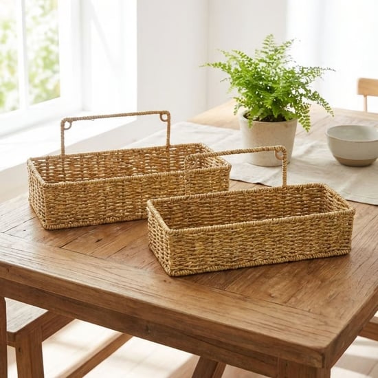 Buffer® 2’li Duvar Askılı Plastik Rattan Organizer – Dikdörtgen Hasır Görünümlü Mutfak Raf Sepeti, B