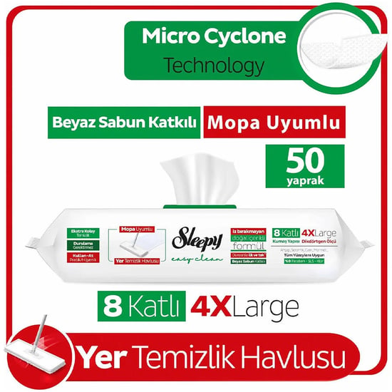 Sleepy Easy Clean Beyaz Sabun Katkılı Mopa Uyumlu Yer Temizlik Havlusu&mendili 50'li