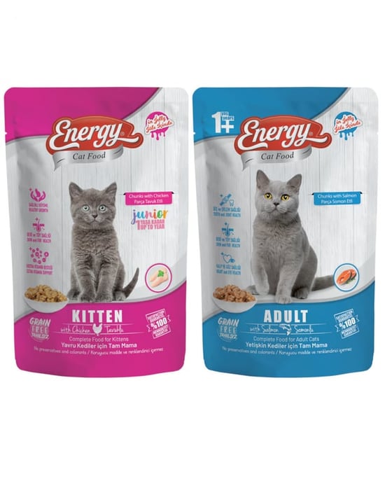 Energy Kedi Maması İslak Yavru Tavuklu 85gr & Yetişkin Somonlu 85gr Karma Paket