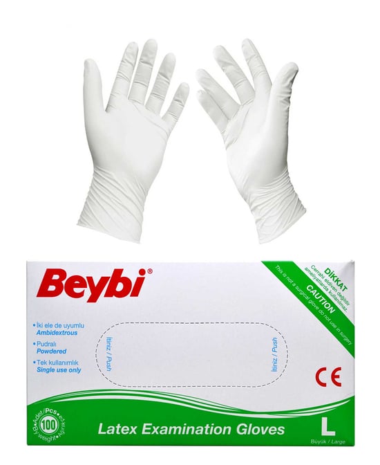 Beybi Muayene Eldiveni 100'lü Kutu Pudralı Büyük Boy Lateks