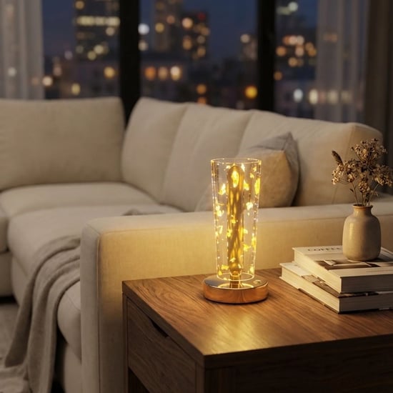 Buffer® Silindirik Kristal Altın Toz model Led Masa Lambası – Gold Tabanlı, Dokunmatik, 3 Renk İşık