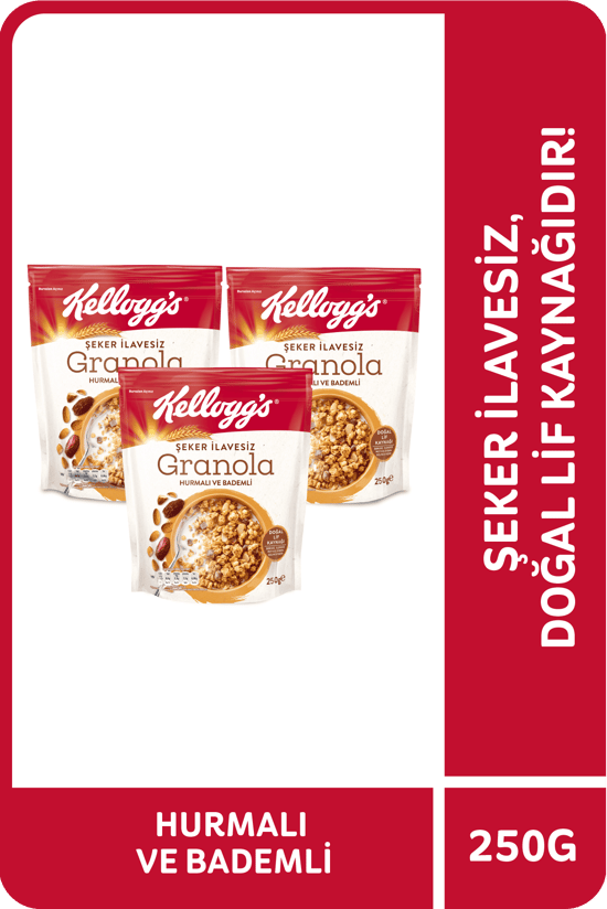 Kellogg's Şeker İlavesiz Granola Hurmali ve Bademli 250 Gram X 3 Adet,