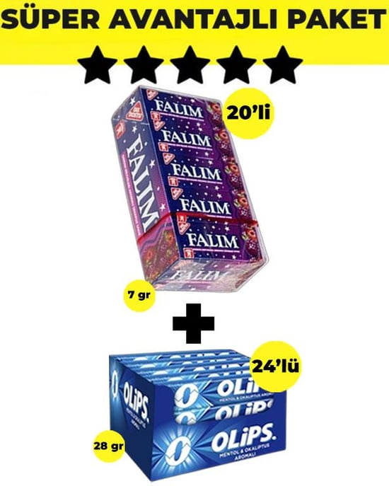 Falım Orman Meyve Aromalı Sakız (5'li X 20 Adet)- Olips Mentol Okaliptüs Şekerleme 24'lü Paket (28gr X 24 Adet) - Avantajlı Falım Olips Paketi