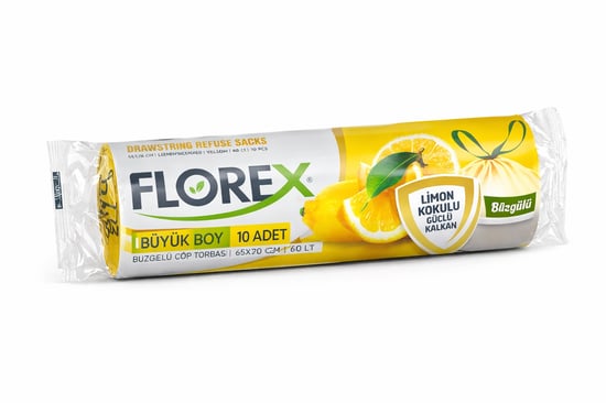 Florex Çöp Torbası Büyük Boy 65 Cm X 70 Cm Sarı Limon Kokulu Büzgülü
