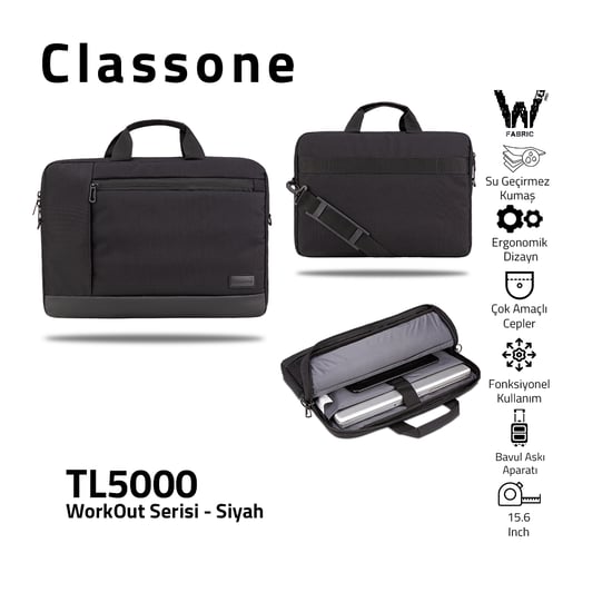 Classone Workout Serisi Tl5000 Wtxpro Su Geçirmez Kumaş 15.6" İnch Siyah Laptop Notebook Çantası