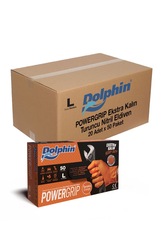 Dolphin Powergrip Ekstra Kalın Turuncu Nitril Eldiven L Beden 50 Adet