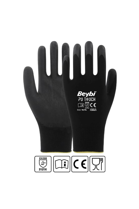 Beybi Pu Touch Siyah Poliüretan Kaplı Polyester Örme Nitril İş Eldiveni 8 Beden