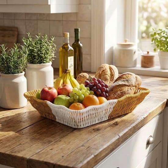 Buffer® Dikdörtgen Çift Renkli Plastik Rattan Ekmek ve Meyve Sepeti - Çok Amaçlı Banyo ve Mutfak Düz