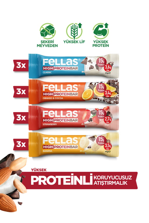 Fellas Yüksek Protein Bar 45g Karma Kutu 12 Adet (4 Çeşit)