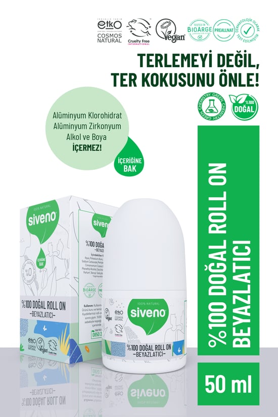 %100 Doğal Roll-on Beyazlatıcı Etkili Deodorant Ter Kokusu Önleyici Bitkisel Lekesiz Vegan 50 Ml