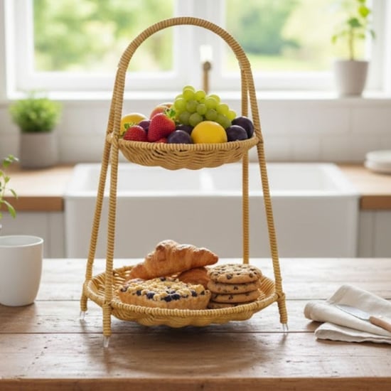Buffer® Plastik Rattan İki Katlı Sunumluk–dekoratif Organizer, Mutfak Meyve,sebze Sepeti, Banyo Düze